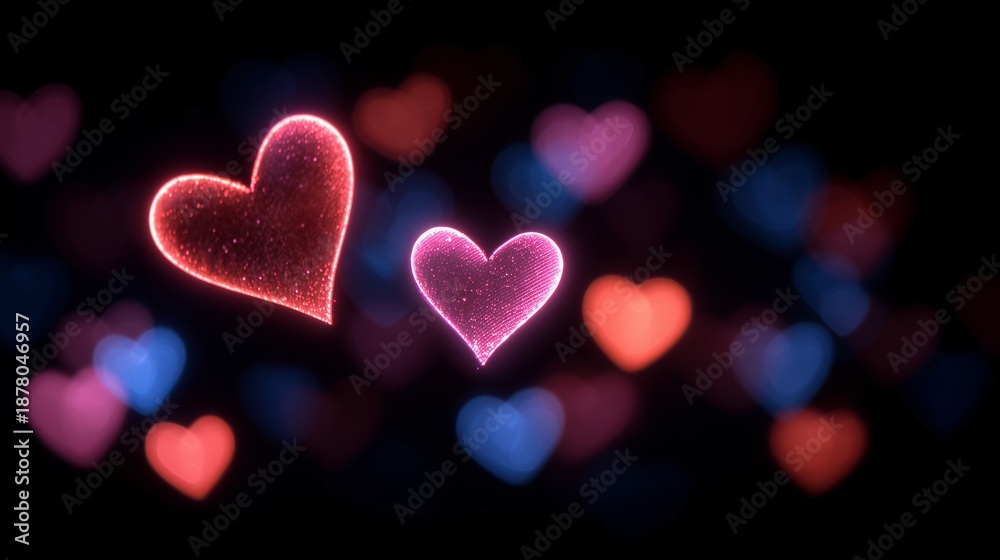 Obraz premium Glowing Neon Heart Bokeh on Dark Background