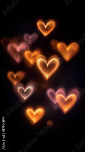 Glowing Neon Heart Bokeh on Dark Background