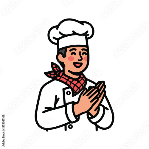 Friendly chef with folded hands in white uniform and red scarf