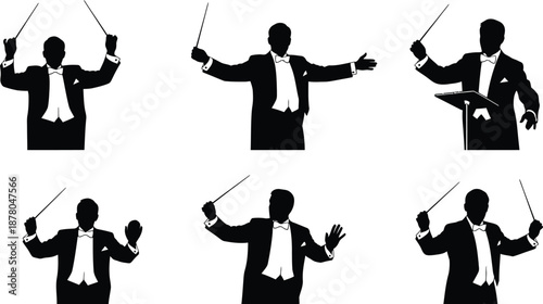Silhouette vector set of 6 orchestra conductor poses baton raised cueing soft loud stop and tempo keep