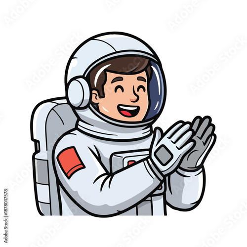 Cartoon astronaut in white spacesuit waving hand