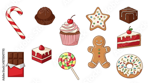 A colorful vector illustration of various sweet treats and desserts, including cupcakes, candy, and baked goods, arranged in a festive pattern.