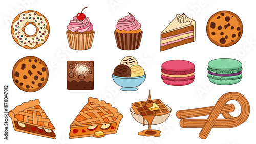 A colorful vector illustration of various sweet baked goods and desserts on a white background