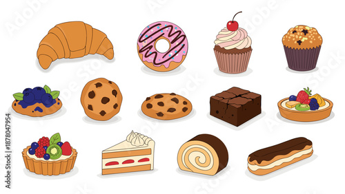 A colorful vector illustration of various sweet baked goods and desserts arranged in rows on a white background