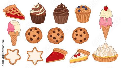 A colorful vector illustration of various sweet desserts including cakes, cookies, and ice cream cones on a white background