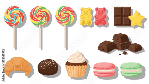 A colorful vector graphic illustration of various sweet treats including lollipops, gummy bears, chocolate, cupcakes, and macarons