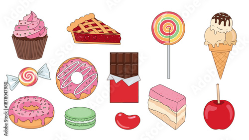 A colorful vector illustration of various sweet treats and desserts arranged in a flat design style