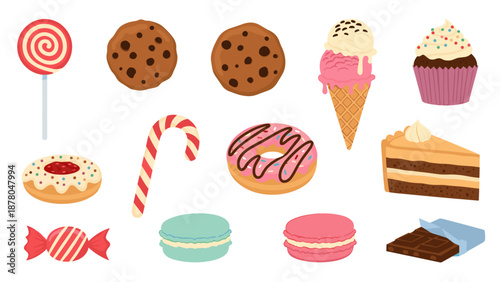 A colorful vector graphic illustration of various sweet treats and desserts