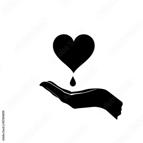 Conceptual symbol of a heart giving a vital drop to an open, caring hand, representing compassion, generosity, and human support for wellbeing