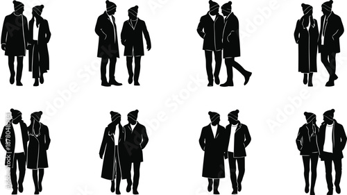 Couples in winter coats and beanies on white background