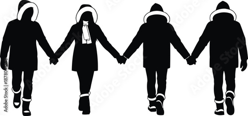 Four children in winter coats holding hands kids linked