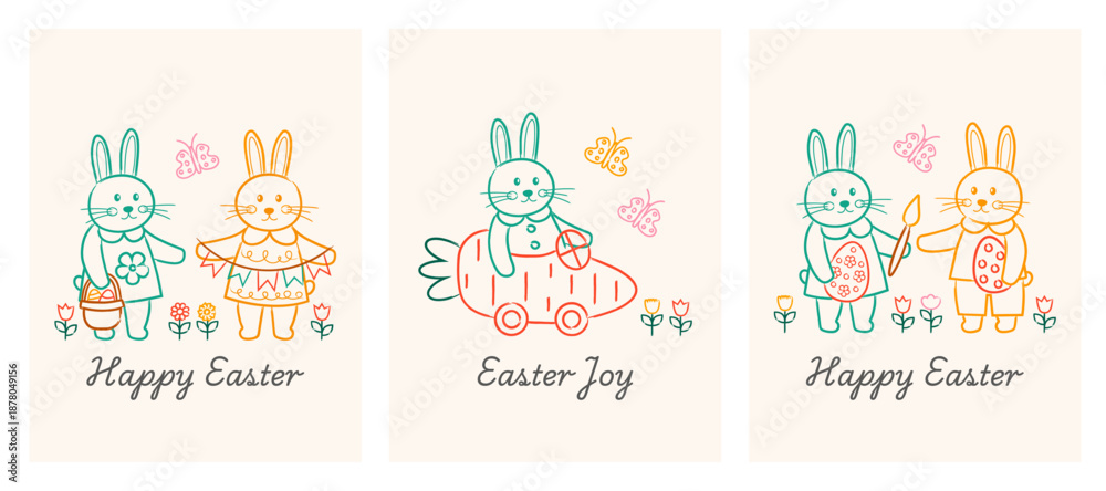 Obraz premium Happy Easter celebration illustrations with bunnies, colorful flowers, spring enjoyment. Cute modern Easter greeting cards. Easter vertical banners with rabbits, eggs, flowers.