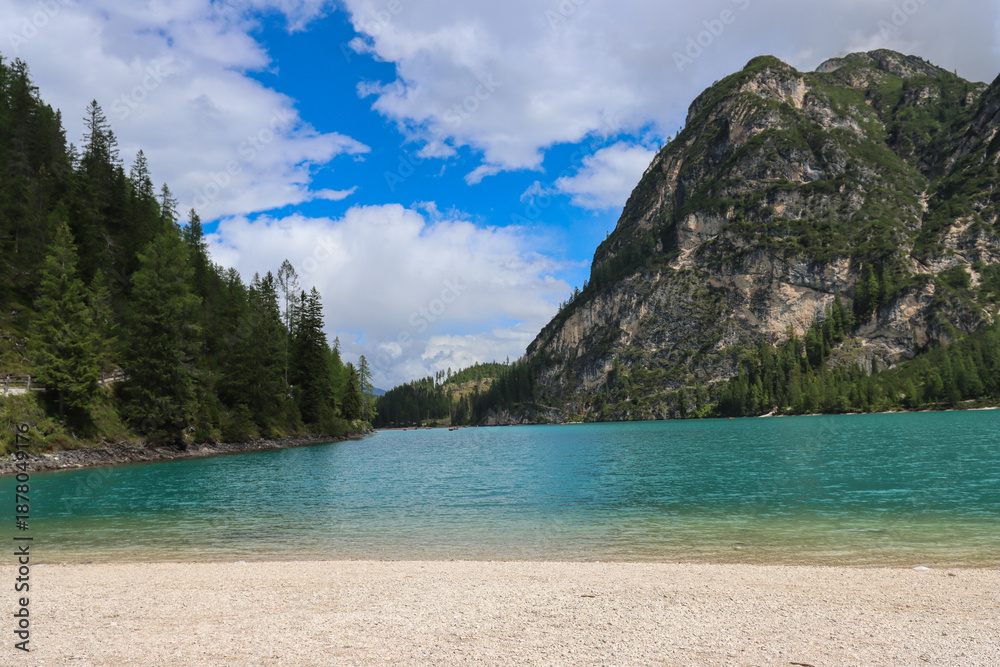Fototapeta premium Lago di Braies, Pragser Wildsee, Dolomites, Italy, emerald alpine lake view