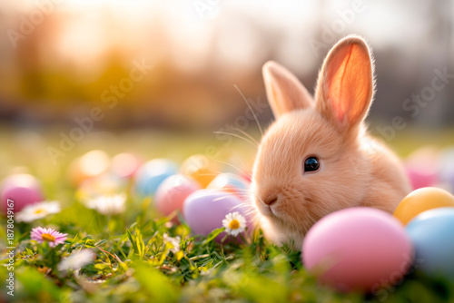 Small rabbit is laying in a field of Easter eggs