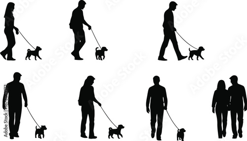 Silhouettes of people walking dogs on leashes puppy