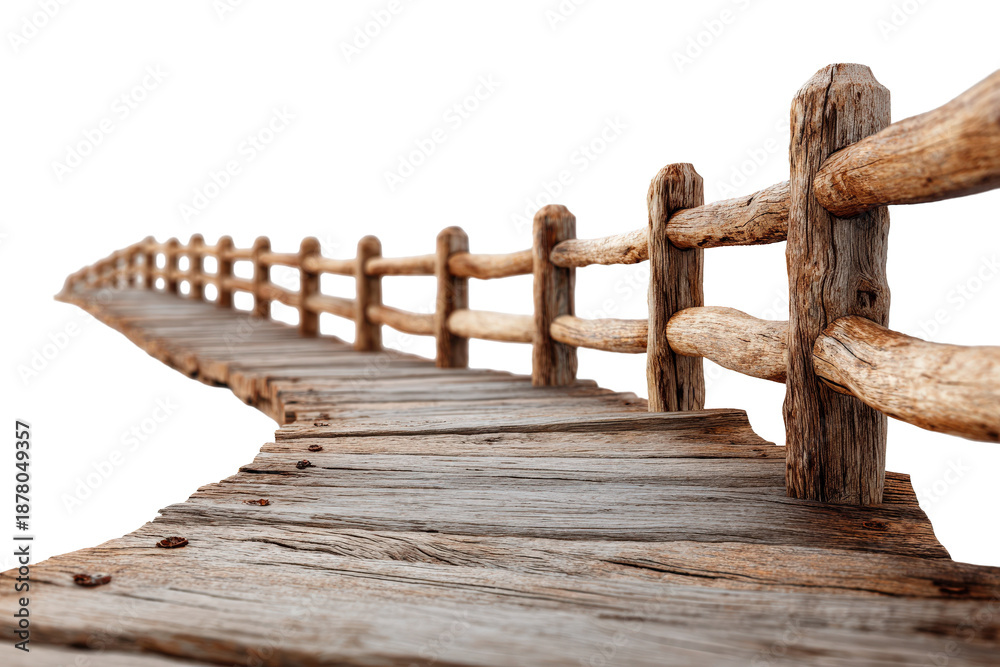 Naklejka premium Old Wooden Boardwalk with Fence on White Background