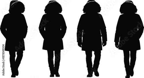 Silhouettes of women in fur lined coats four illustration