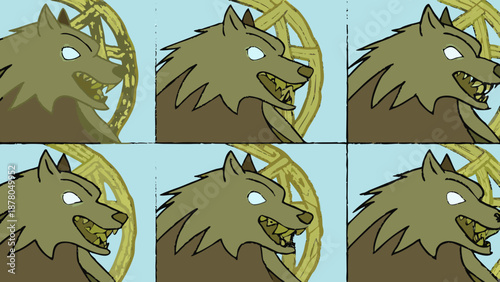 Aggressive Fantasy Wolf Illustration with Glowing Eyes and Rune Background