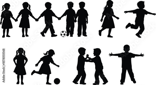 Diverse Children Playing Silhouette Set, Kids Holding Hands, Soccer Player Poses, Running and Standing Figures, Inclusive Youth Social Interaction Icons