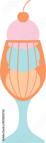 Flat vector illustration of a colorful ice cream sundae in a glass with a cherry on the top.