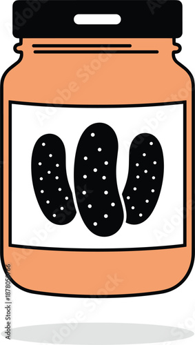 Glass jar of pickles vector illustration with three black gherkins on a label isolated on white background.