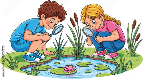 Cute Cartoon Children Exploring Pond With Magnifying Glass, Little Boy and Girl Studying Nature, Happy Kids Outdoor Science Education Vector
