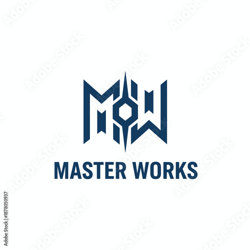 Sharp geometric monogram combining letters M and W for construction or architectural engineering company identity named MASTER WORKS