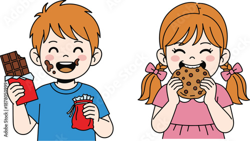 Cute Cartoon Children Eating Sweet Snacks, Little Boy and Girl with Chocolate and Cookies Illustration, Happy Kids Enjoying Sugary Treats