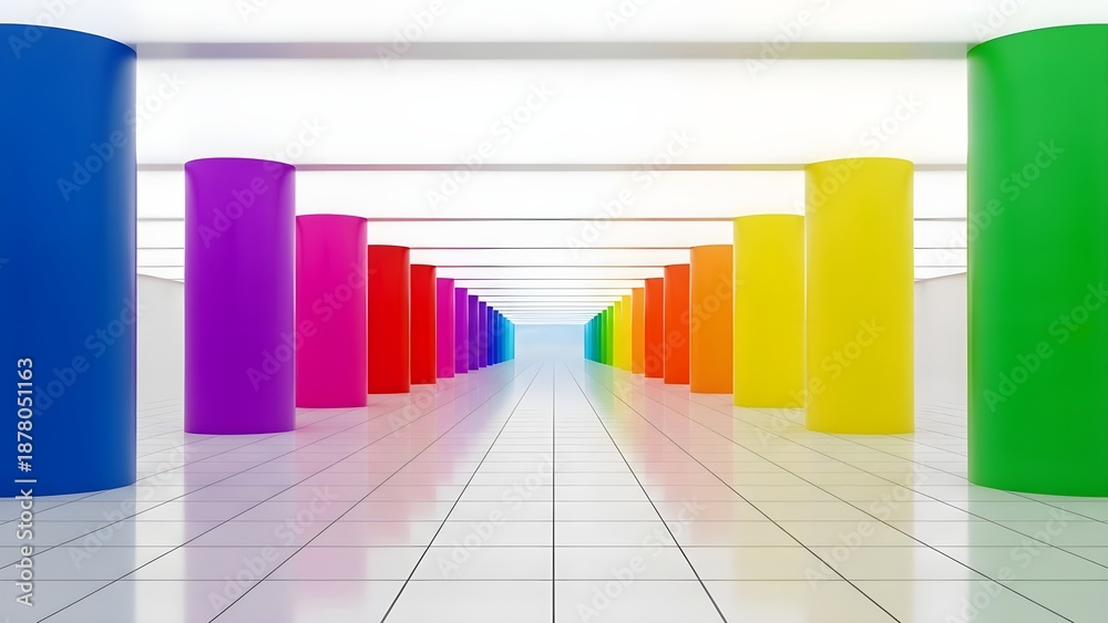 Fototapeta premium Vibrant rainbow colored cylindrical pillars line a long white tiled corridor creating an abstract perspective design