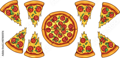 Pepperoni Pizza Slices Illustration Set, Delicious Fast Food Vector Art, Italian Cuisine Menu Design Elements, Whole Pizza and Single Slices