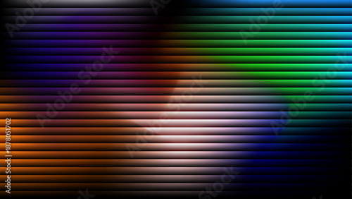 An abstract digital artwork featuring geometric patterns and vibrant colors is displayed prominently in a modern art gallery setting viewed from a straight-on perspective.