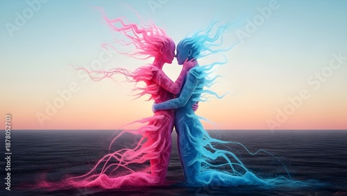 Two ethereal figures composed of colorful glittering particles embrace deeply over dark ocean waters at dusk