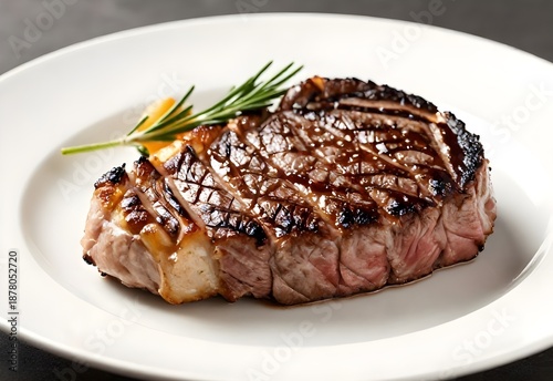 Gourmet dinner dish featuring a grilled beef steak with fresh vegetables and delicious lamb chops with baked potatoes served on a white plate with sauce