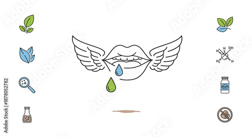 Conceptual illustration for packaging and labeling, symbolizing freedom from artificial flavor enhancers. Features an open mouth with wings, dripping blue and green droplets, representing natural