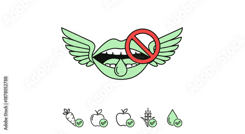 Conceptual illustration for food packaging and labeling, featuring a stylized mouth with wings and a falling drop, symbolizing freedom from artificial flavor enhancers and additives, with icons of