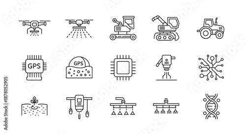 Modern Agriculture Technology Line Icon Set: Featuring Agri-tech Drones, Robots, Tractors, GPS Sensors, Irrigation Systems, and Biotech DNA Illustrations for Smart Farming and Precision Agriculture