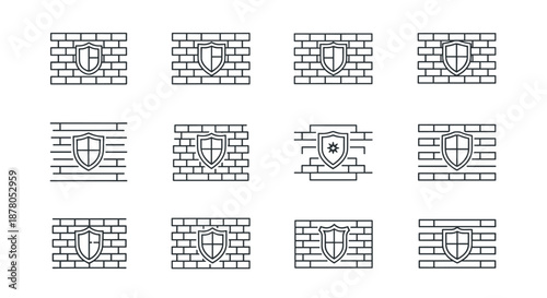 Collection of minimalistic thin line icons representing brick walls with shields, symbolizing security, protection, and defense. Ideal for web design, app interfaces, banners, social networks, and
