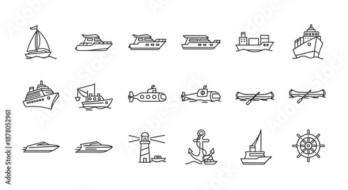 A diverse collection of vector boat icons, meticulously rendered in a clean, outline style, showcasing various watercraft from sailboats and speedboats to cargo ships, submarines, and cruise liners