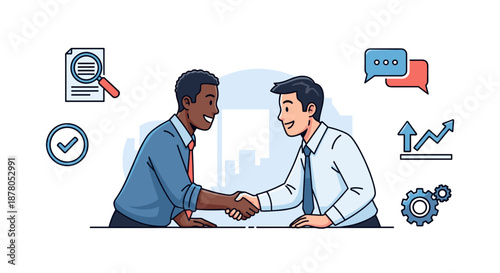 Diverse business partners, two men, one Black and one Asian, confidently shaking hands and smiling, symbolizing a successful business deal, agreement, and cooperation, with icons of a magnifying