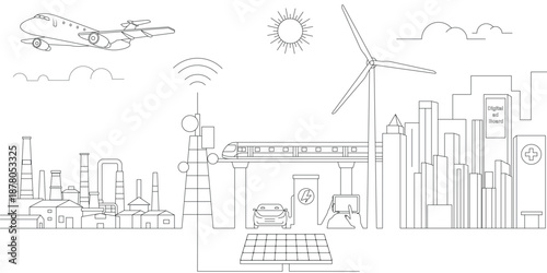 Sustainable Mobility and Transport and Green Technology Illustration, Green Mobility and Clean Energy Illustration, Hand Drawn Line Style vector illustrations