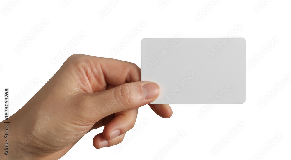 Obraz premium Hand holding a white card blank card fingers thumb isolated on a transparent background