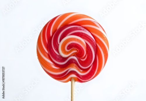 A delicious colorful rainbow swirl lollipop candy on a wooden stick isolated on a white background
