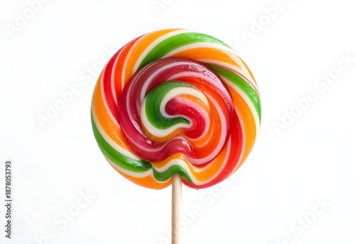 Delicious colorful swirl lollipop candy on a stick isolated on a white background featuring a rainbow spiral sugar sucker dessert for a fun childhood treat