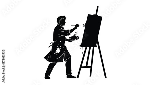 artist painting on canvas with brush and palette
