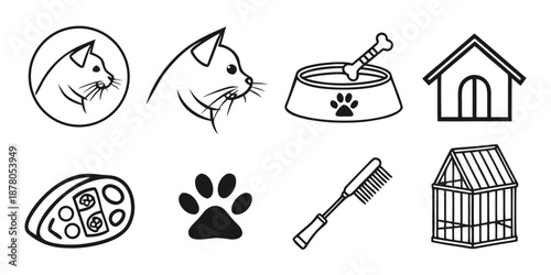 Collection of minimalist black and white line art icons showcasing essential pet care items, beloved animal companions, and related supplies for diverse design applications
