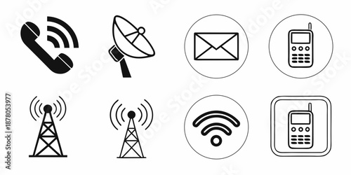 Communication icons set including phone, satellite dish, envelope, cell phone, antenna and Wi-Fi signal