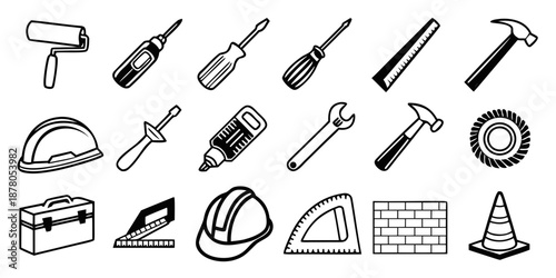 Diverse line art collection of construction and DIY tools. Features hand tools, hard hats, and toolboxes for building and repair tasks