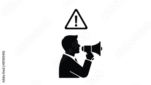 man with megaphone and warning sign above head