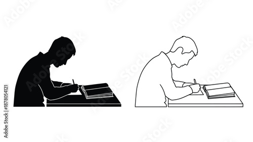 silhouette and line drawing of two people writing at desks