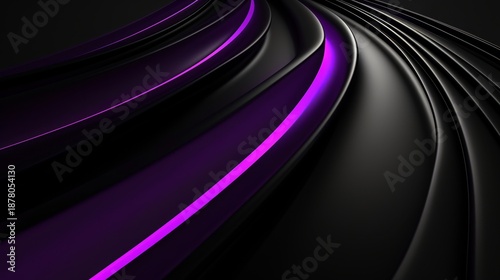 Abstract background with glowing purple neon lines on a sleek black surface. Futuristic technology concept with dynamic curves and motion. Modern elegant wallpaper design